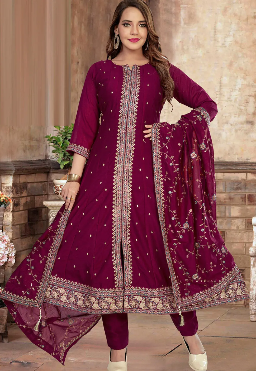 Embroidered Art Silk Anarkali Suit in Purple