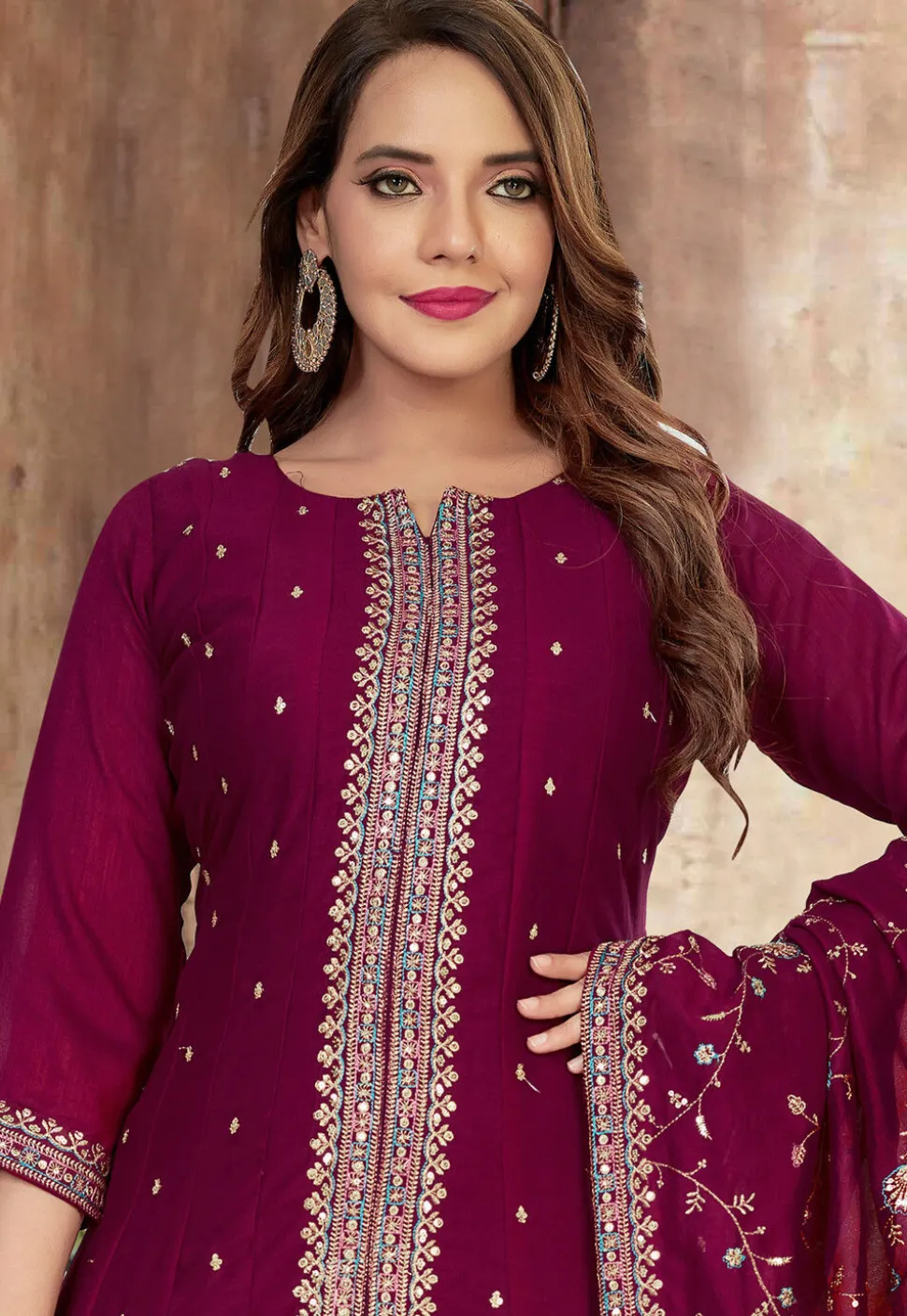 Embroidered Art Silk Anarkali Suit in Purple