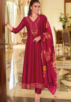 Embroidered Art Silk Anarkali Suit in Pink