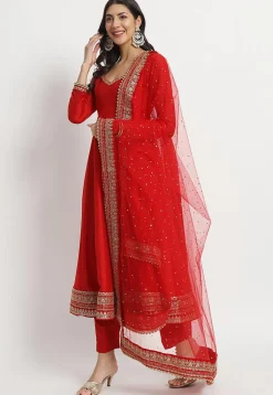 Embroidered Art Silk Anarkali Suit in Red