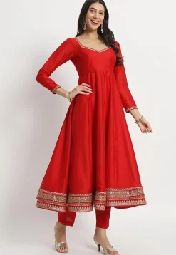 Embroidered Art Silk Anarkali Suit in Red