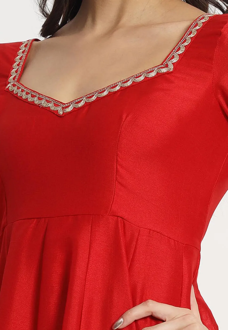 Embroidered Art Silk Anarkali Suit in Red