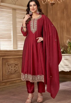 Embroidered Art Silk Anarkali Suit in Maroon