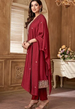 Embroidered Art Silk Anarkali Suit in Maroon