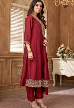 Embroidered Art Silk Anarkali Suit in Maroon