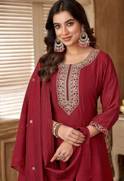 Embroidered Art Silk Anarkali Suit in Maroon