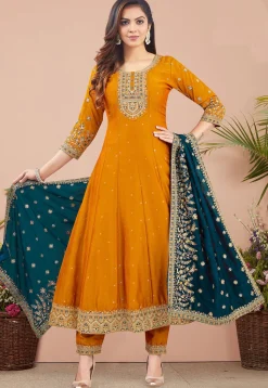 Embroidered Art Silk Anarkali suit in Mustard