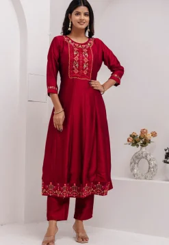 Embroidered Art Silk Anarkali Suit in Red