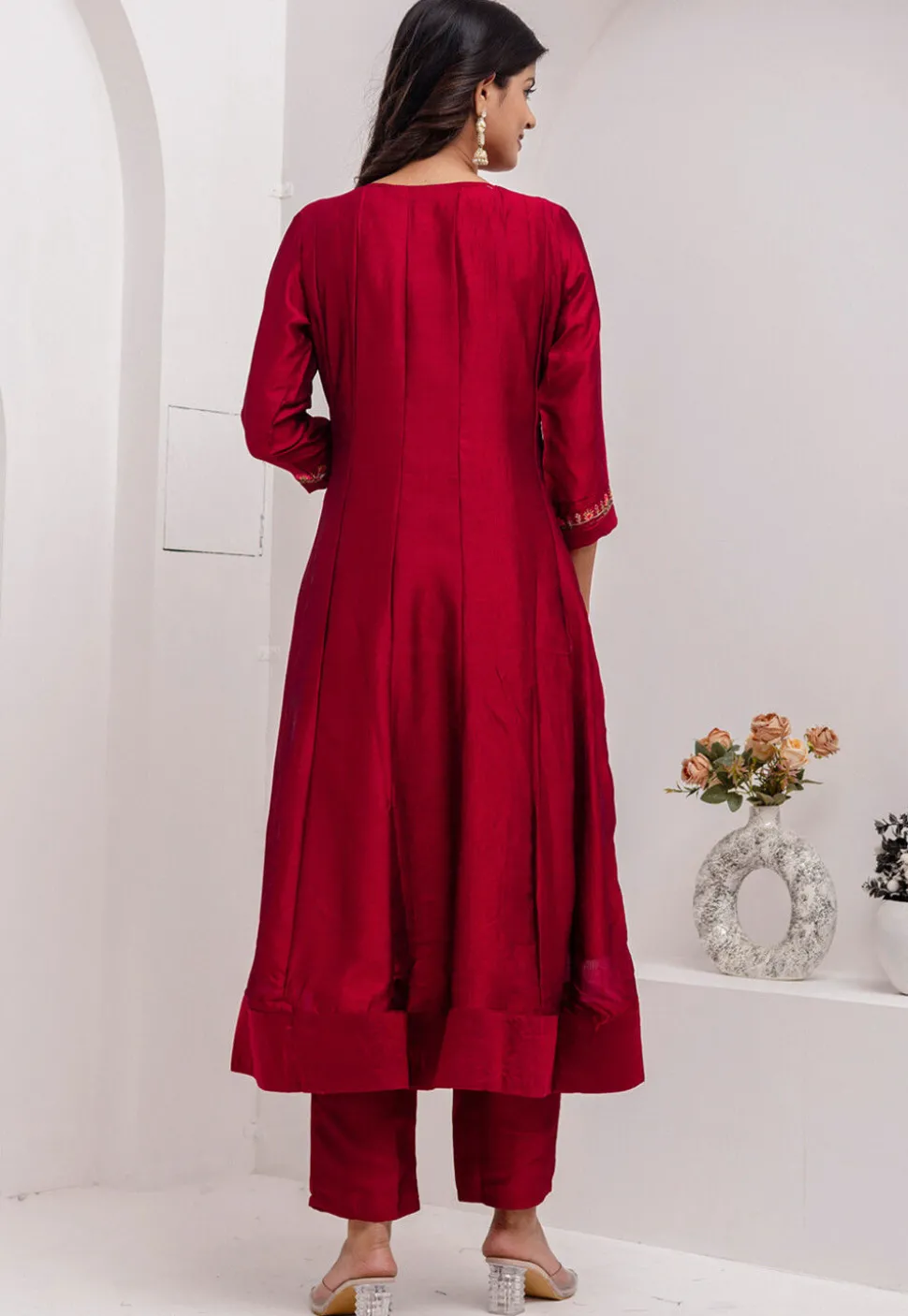 Embroidered Art Silk Anarkali Suit in Red