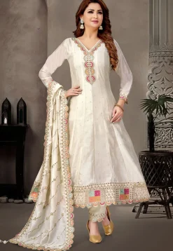 Embroidered Art Silk Anarkali suit in Cream