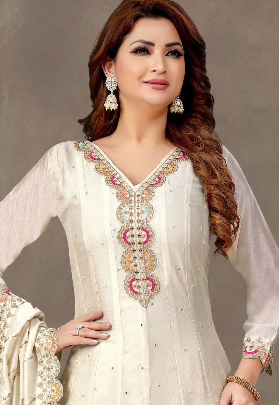 Embroidered Art Silk Anarkali suit in Cream