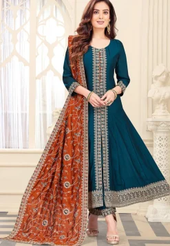 Embroidered Art Silk Anarkali Suit in Teal Blue