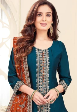 Embroidered Art Silk Anarkali Suit in Teal Blue