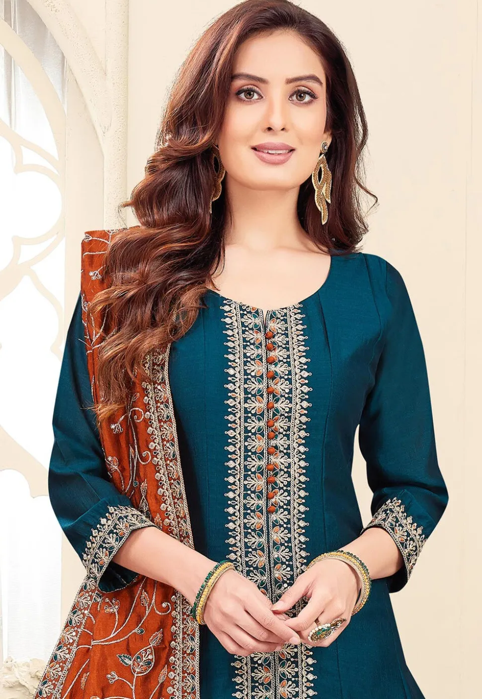 Embroidered Art Silk Anarkali Suit in Teal Blue