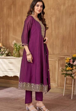 Embroidered Art Silk Anarkali Suit in Dark Magenta