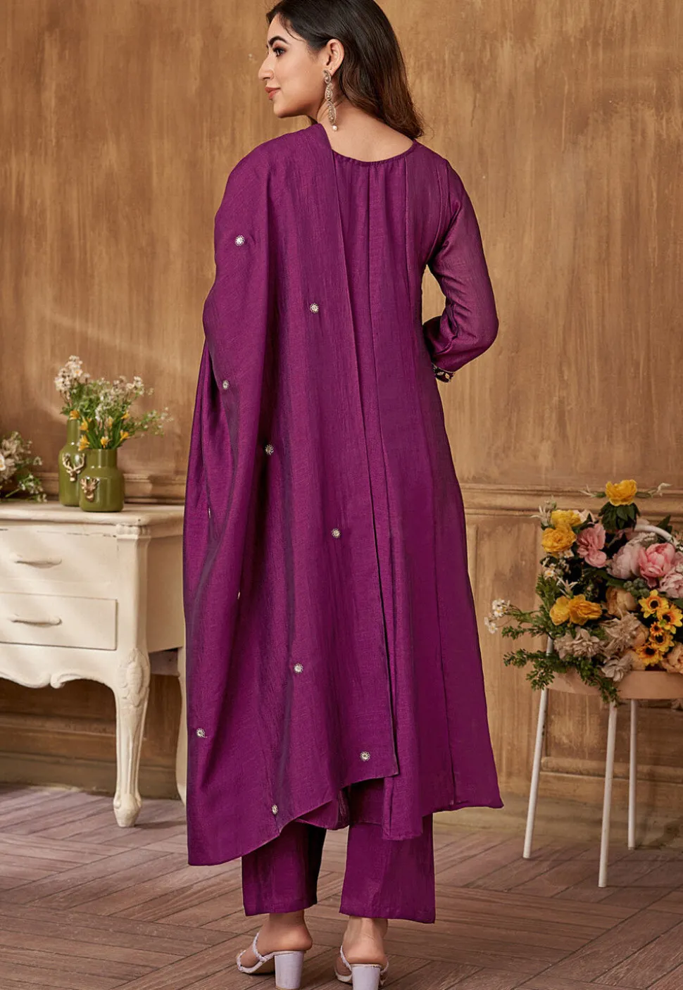 Embroidered Art Silk Anarkali Suit in Dark Magenta