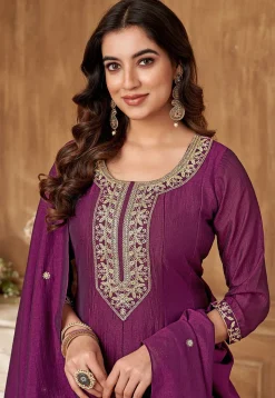 Embroidered Art Silk Anarkali Suit in Dark Magenta