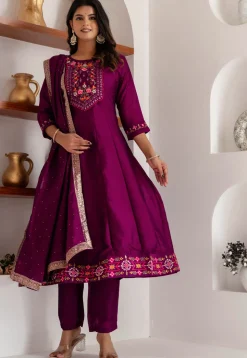 Embroidered Art Silk Anarkali Suit in Purple