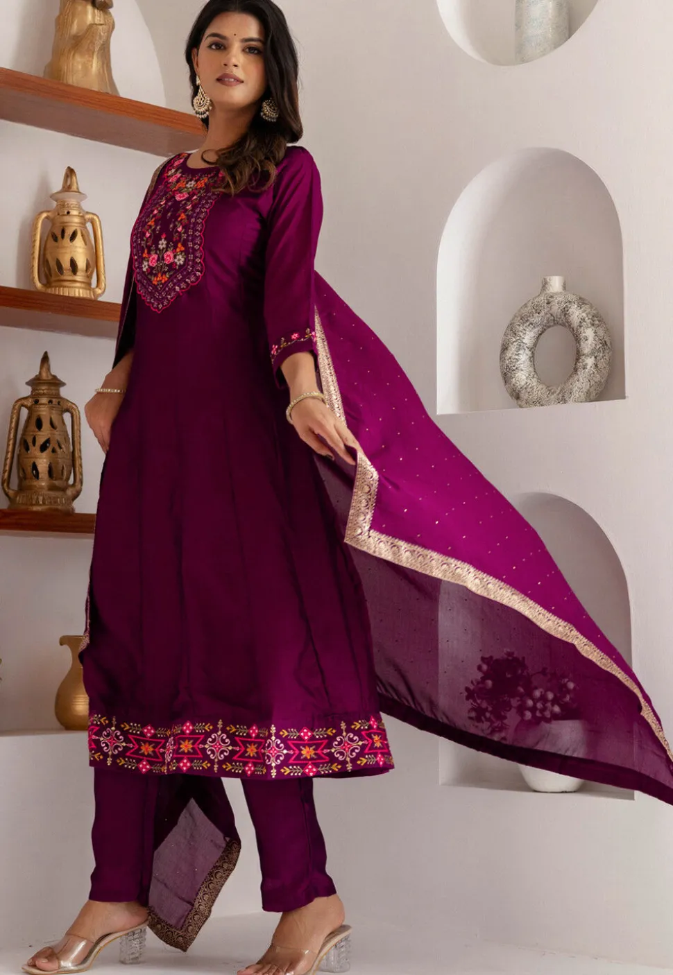 Embroidered Art Silk Anarkali Suit in Purple