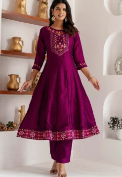 Embroidered Art Silk Anarkali Suit in Purple