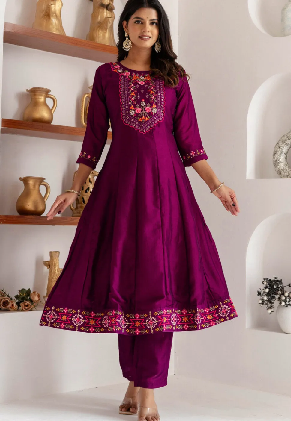 Embroidered Art Silk Anarkali Suit in Purple