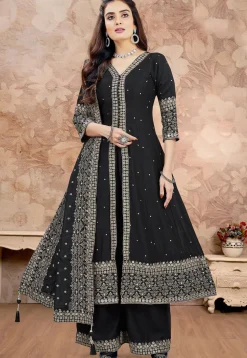 Embroidered Art Silk Anarkali Suit in Black