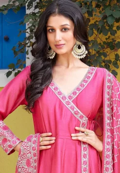 Embroidered Art Silk Anarkali Suit in Pink
