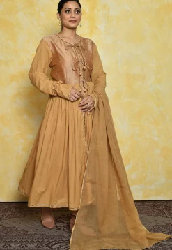Embroidered Art Silk and Cotton Front Slit Pakistani Suit in Beige