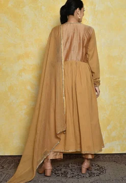 Embroidered Art Silk and Cotton Front Slit Pakistani Suit in Beige