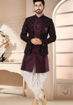 Embroidered Art Silk and Velvet Layered Sherwani in Wine