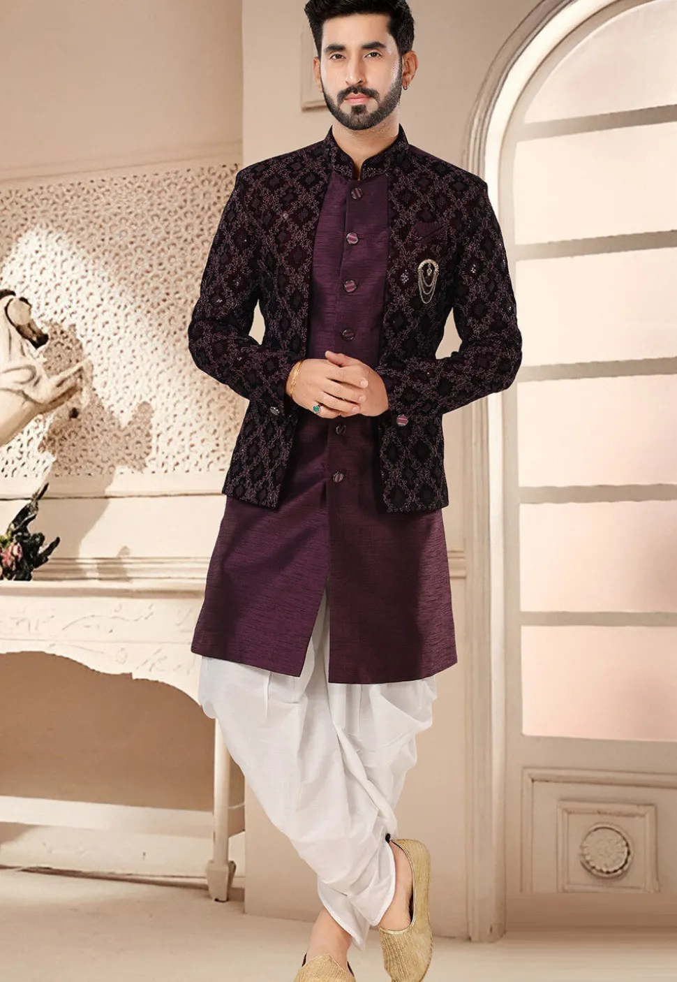 Embroidered Art Silk and Velvet Layered Sherwani in Wine