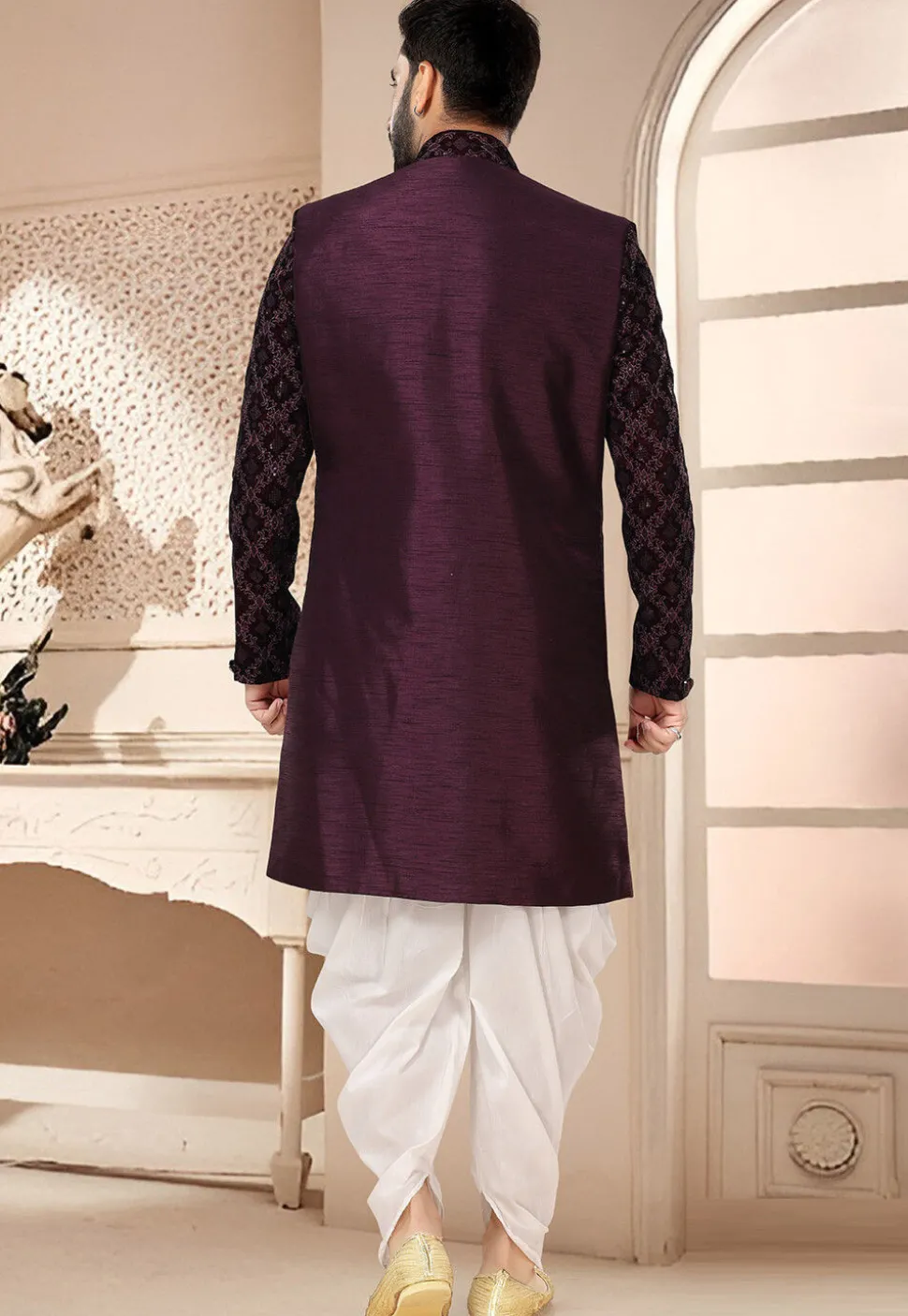 Embroidered Art Silk and Velvet Layered Sherwani in Wine
