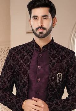 Embroidered Art Silk and Velvet Layered Sherwani in Wine