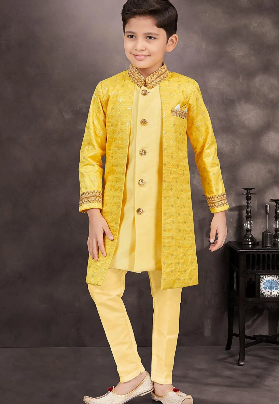 Embroidered Art Silk and Banarasi Silk Sherwani in Yellow