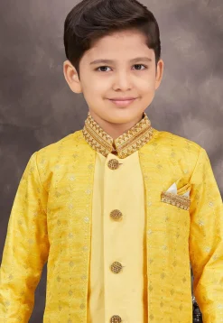 Embroidered Art Silk and Banarasi Silk Sherwani in Yellow