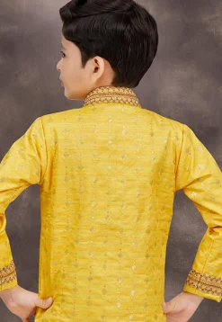 Embroidered Art Silk and Banarasi Silk Sherwani in Yellow