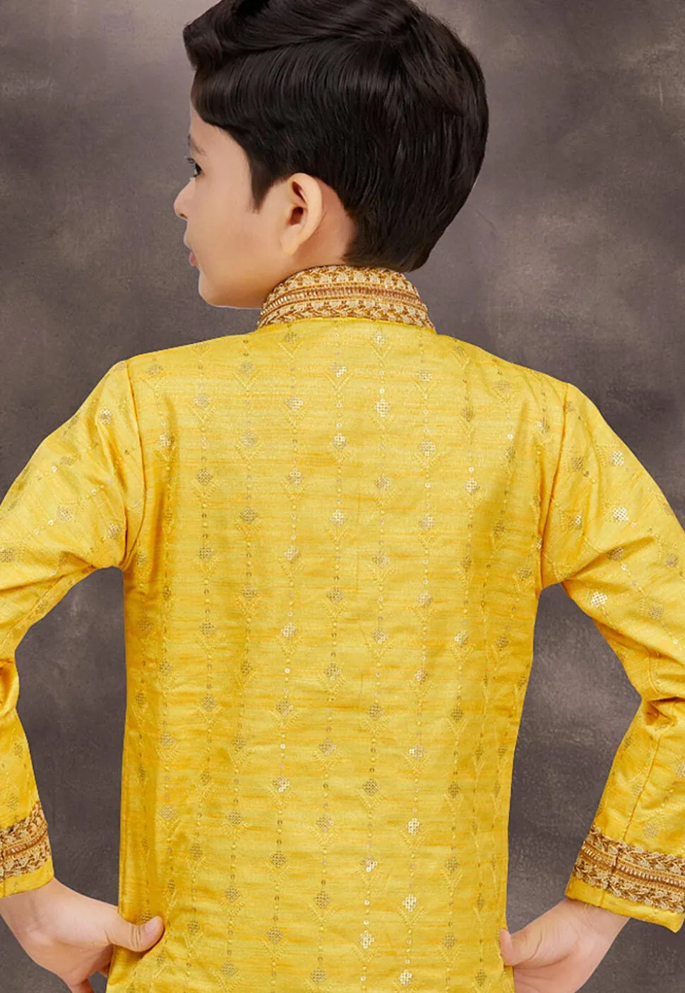 Embroidered Art Silk and Banarasi Silk Sherwani in Yellow