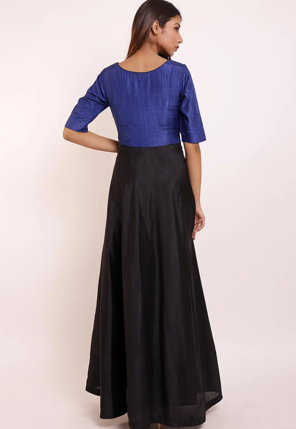 Embroidered Art Silk Asymmetric Gown in Black and Blue