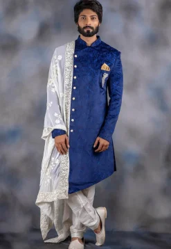 Embroidered Art Silk Asymmetric Sherwani in Royal Blue