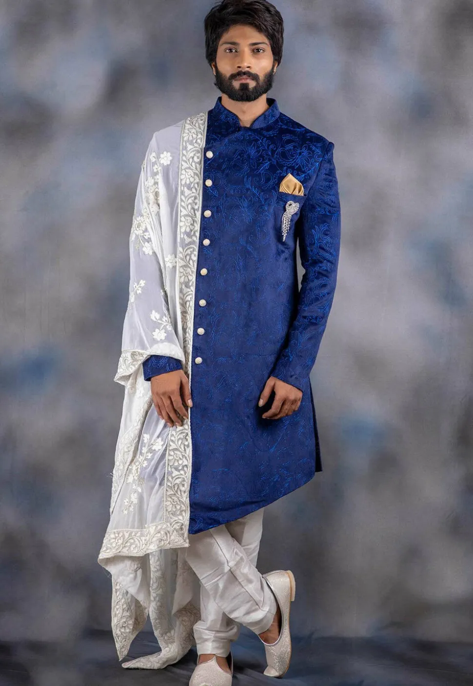 Embroidered Art Silk Asymmetric Sherwani in Royal Blue
