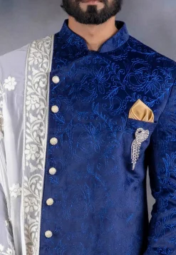 Embroidered Art Silk Asymmetric Sherwani in Royal Blue