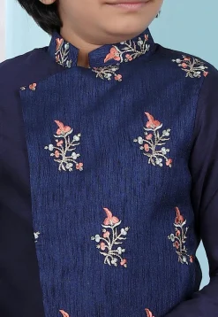 Embroidered Art Silk Asymmetric Sherwani in Navy Blue