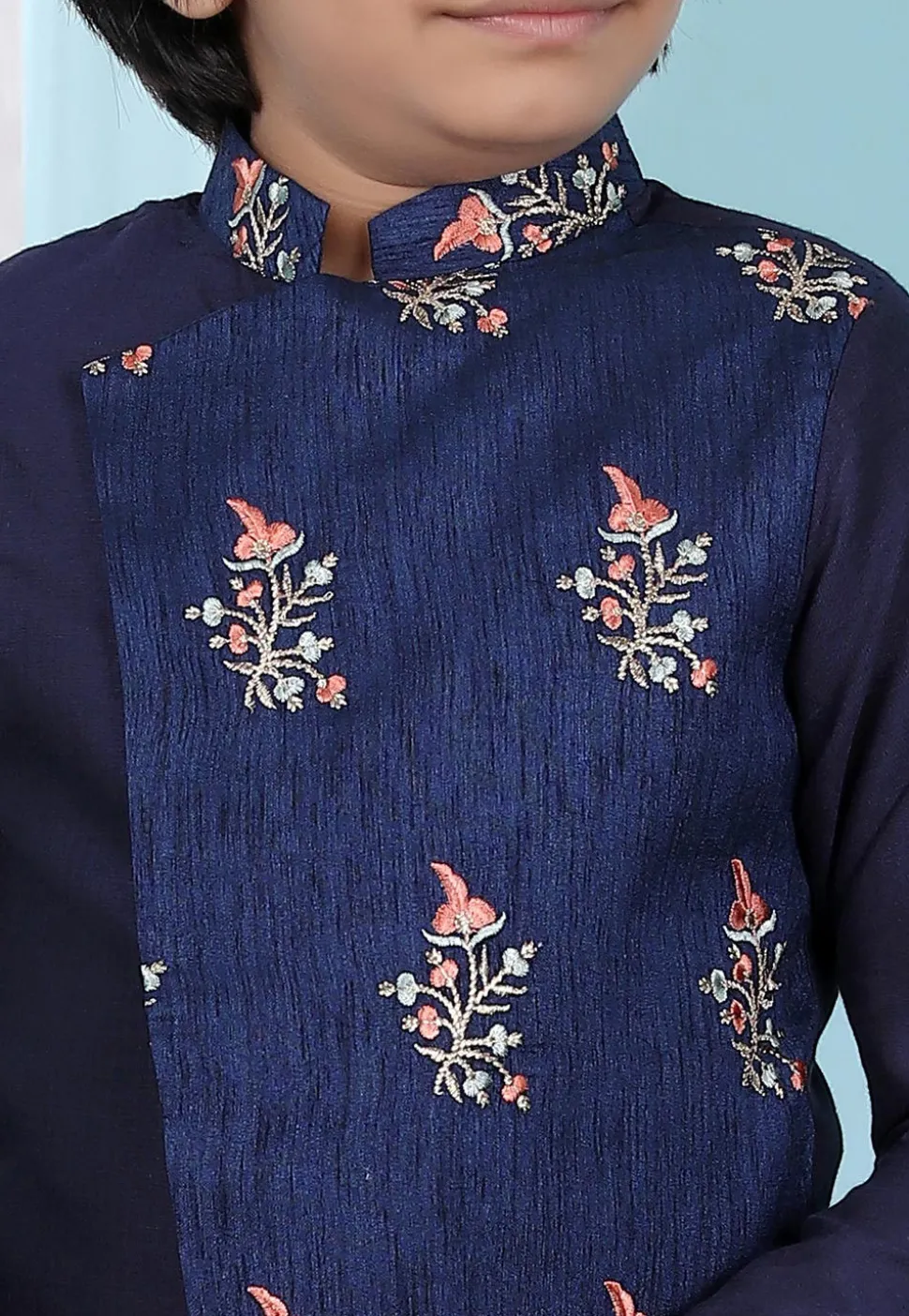 Embroidered Art Silk Asymmetric Sherwani in Navy Blue