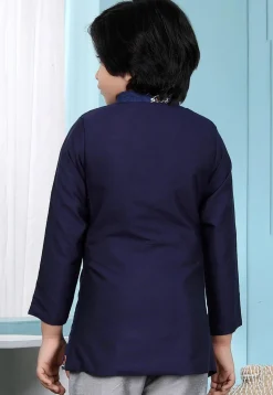 Embroidered Art Silk Asymmetric Sherwani in Navy Blue