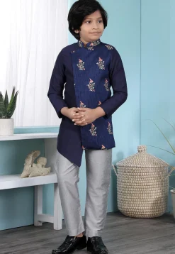 Embroidered Art Silk Asymmetric Sherwani in Navy Blue
