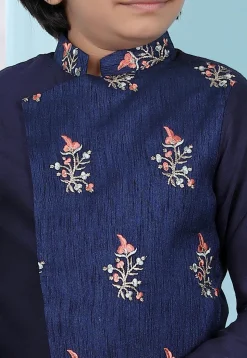Embroidered Art Silk Asymmetric Sherwani in Navy Blue