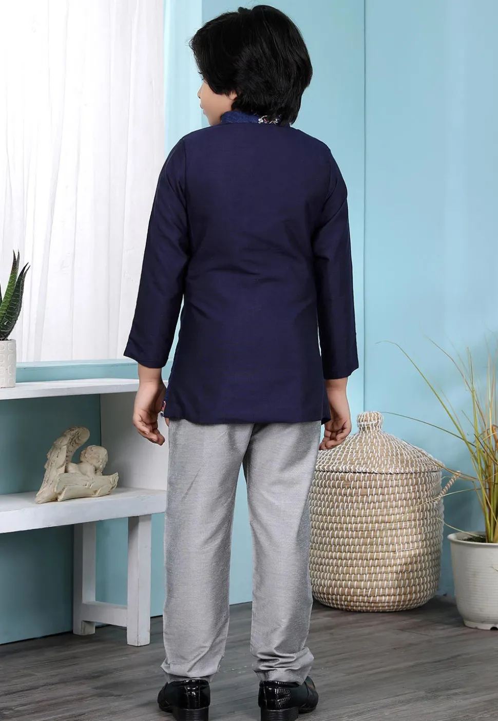 Embroidered Art Silk Asymmetric Sherwani in Navy Blue