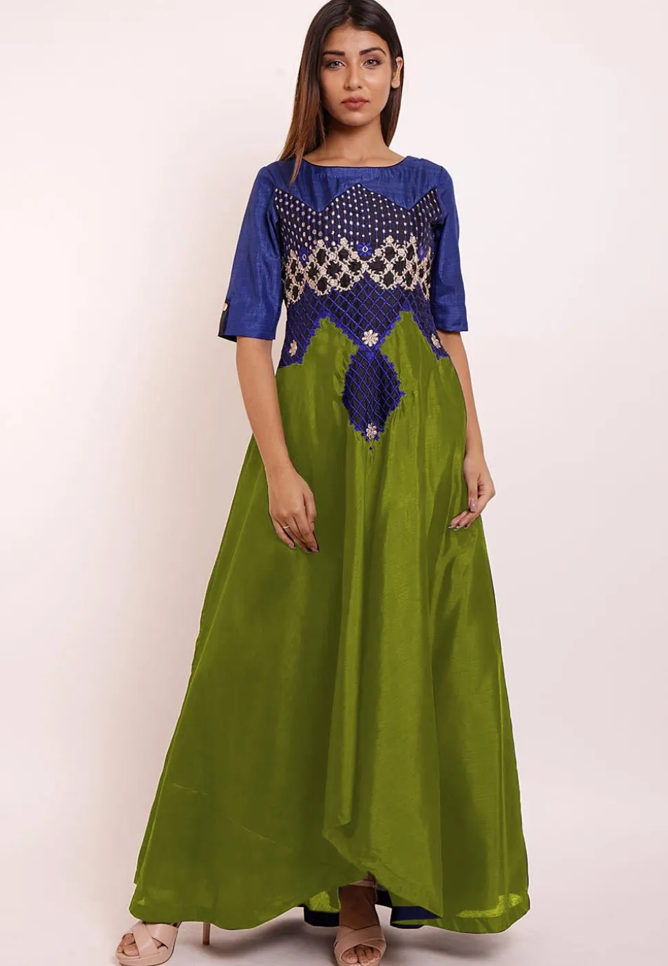 Embroidered Art Silk Asymmetric Gown in Olive Green and Royal Blue