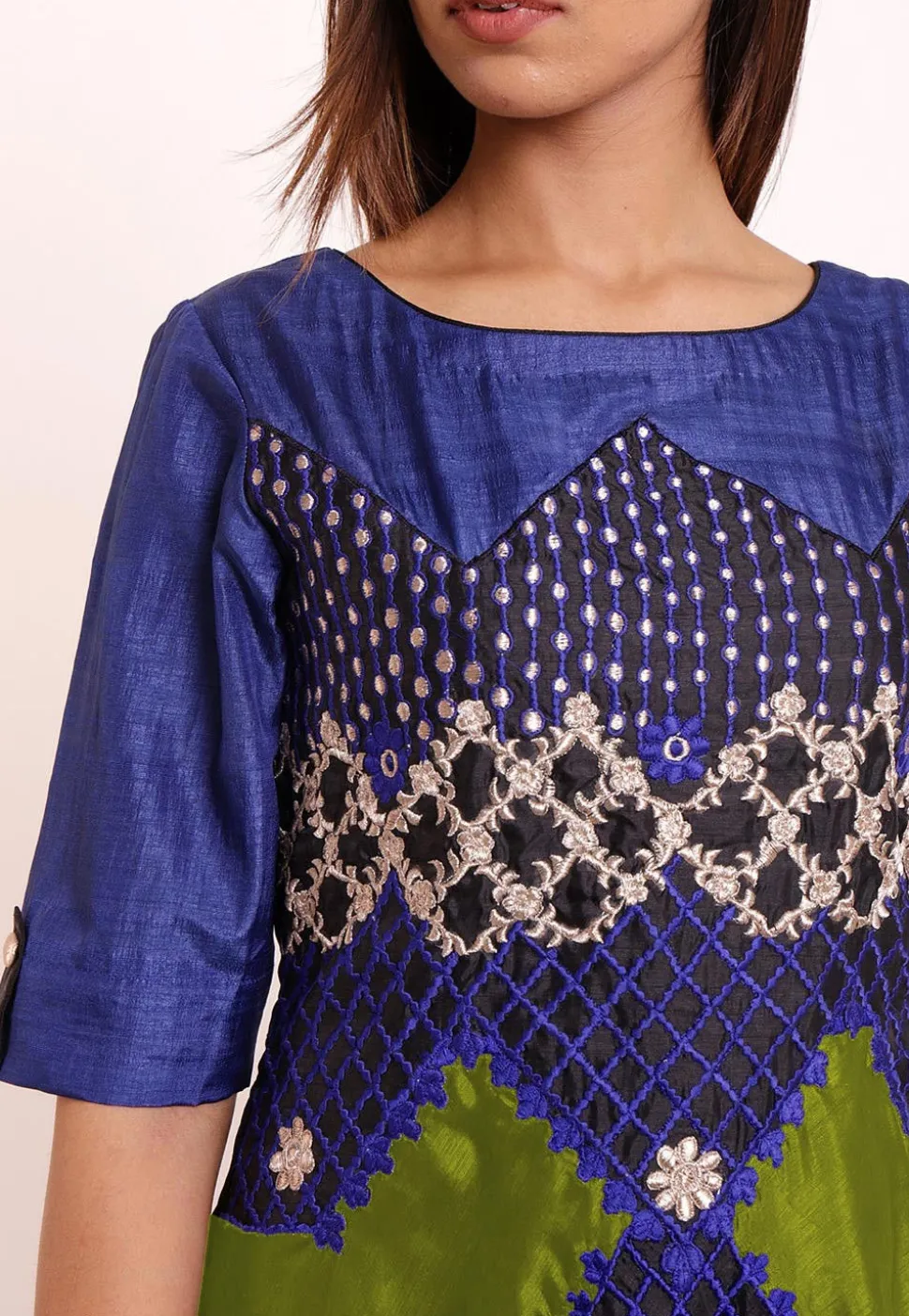 Embroidered Art Silk Asymmetric Gown in Olive Green and Royal Blue