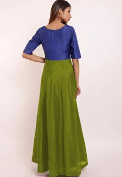 Embroidered Art Silk Asymmetric Gown in Olive Green and Royal Blue